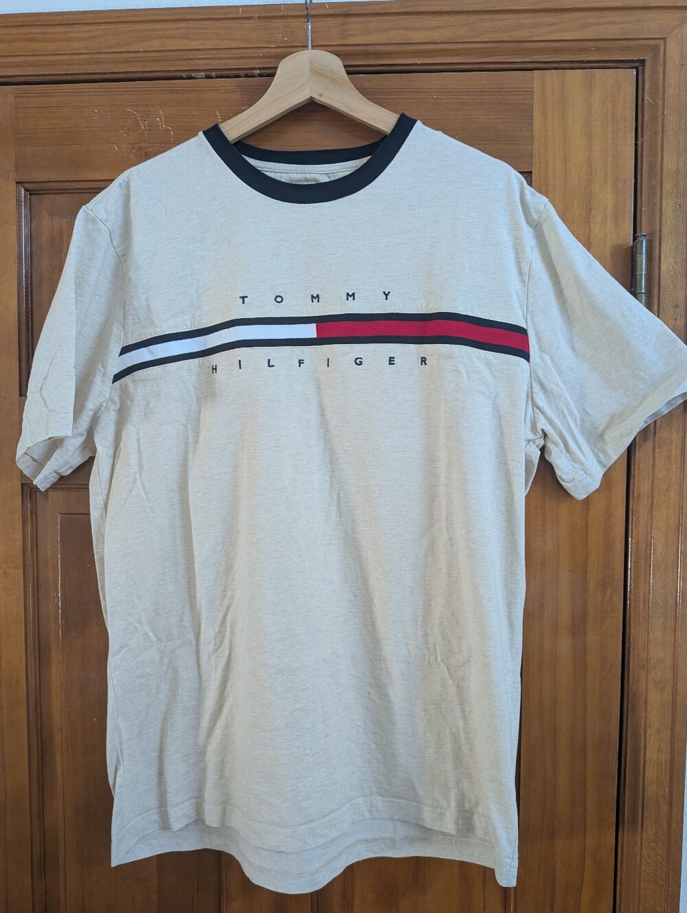 Tommy Hilfiger Beige Short-Sleeve Logo Tee with Red & Navy Stripe